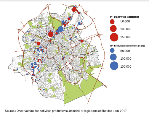 Carte montrant les mètres carrés d'activité logistique et de commerce de gros.