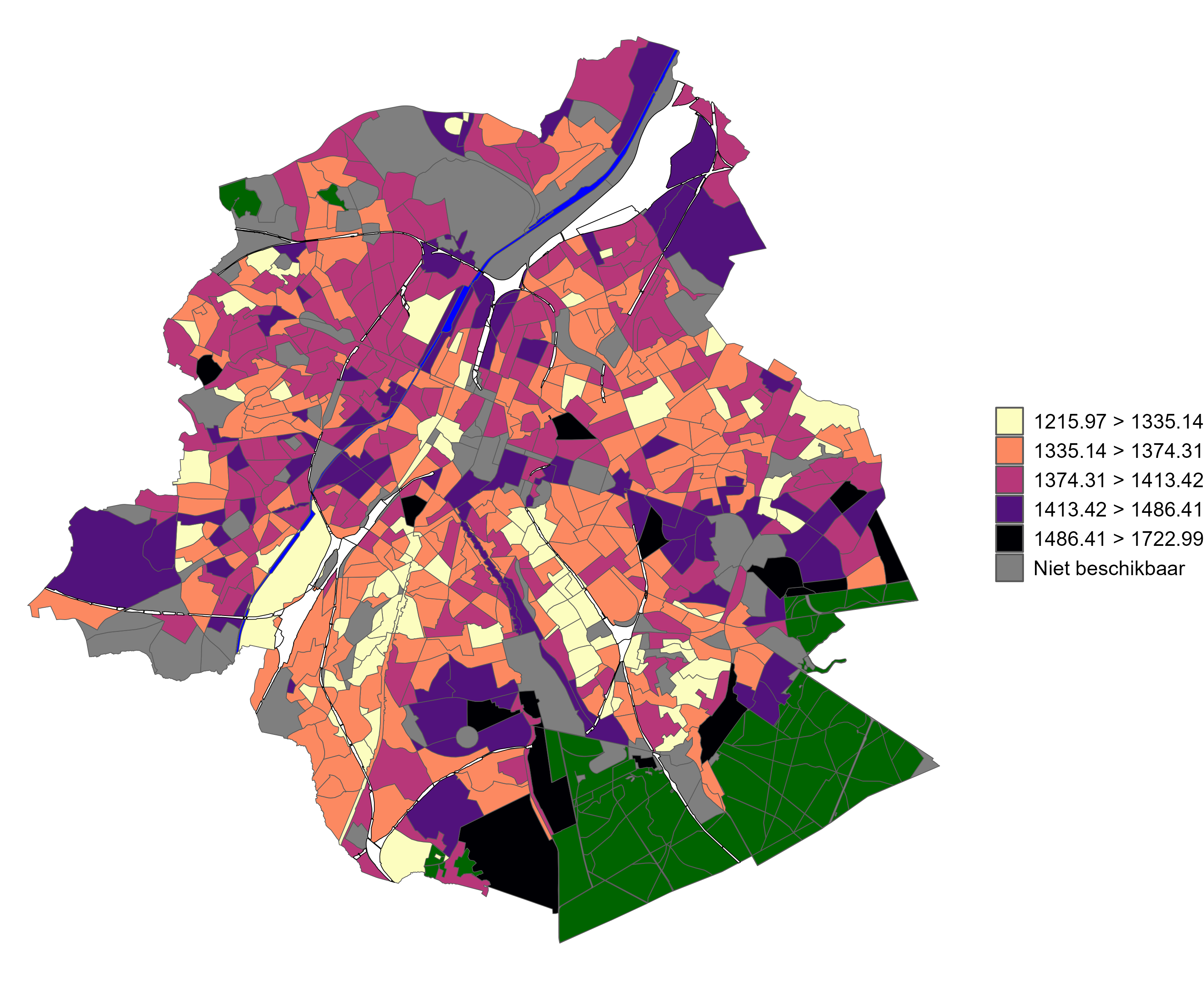 Op deze kaart valt de zuidoostelijke rand op, waar de sociaaleconomische indexen veel hoger liggen dan elders in het Brussels Gewest en waar de meeste huishoudens met een salariswagen wonen.    Het noordwesten van het Gewest heeft eveneens hoge, maar geen maximale waarden. Dit zijn buurten waar het aantal huishoudens met kinderen hoger is dan het regionale gemiddelde en waar de huishoudens met een auto vaker huishoudens met een of meer kinderen zijn. Koppels met kinderen hebben gemiddeld een veel zwaardere auto dan andere types van huishoudens.